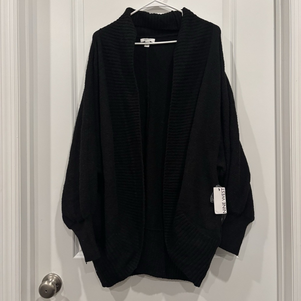 Nine West Women's Solid Open Front Shawl Collar Long Sleeve Cardigan Sweater L